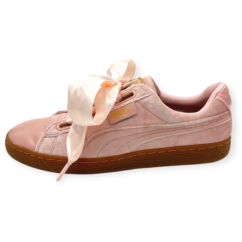 Puma Womens Sneakers Basket Heart in Pink Velvet Suede Gold Accents RRP$119 - Picture 2 of 14